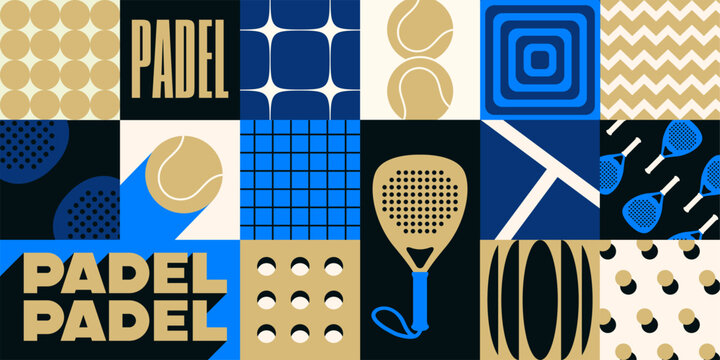 Stylish neo geometric pattern related to padel. Abstract banner with paddle racket, ball and court. Equipment for sports games. Activity and competition. Flat vector illustration