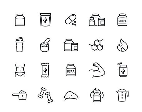 Sport supplements and fitness nutrition line icon set. Simple symbols with protein can, amino acids, and gainer for muscle mass gain. Outline vector illustration collection isolated on background