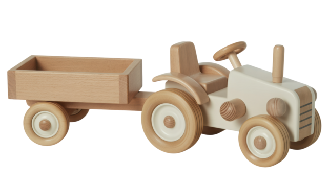 Nostalgic handcrafted wooden toy tractor with trailer ready for imaginative play