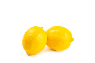 Lemon isolated on white background. Lemon fruits with a slice. Fresh lemon fruits with citrus leaves. Lemon juice. Pattern. Space for text.