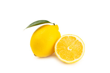 Lemon isolated on white background. Lemon fruits with a slice. Fresh lemon fruits with citrus leaves. Lemon juice. Pattern. Space for text.