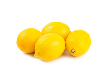 Lemon isolated on white background. Lemon fruits with a slice. Fresh lemon fruits with citrus leaves. Lemon juice. Pattern. Space for text.