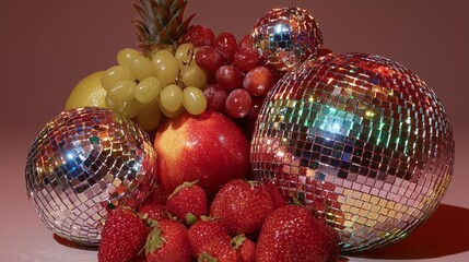 disco ball inspired fruit cornucopia with vibrant reflective festive aesthetic