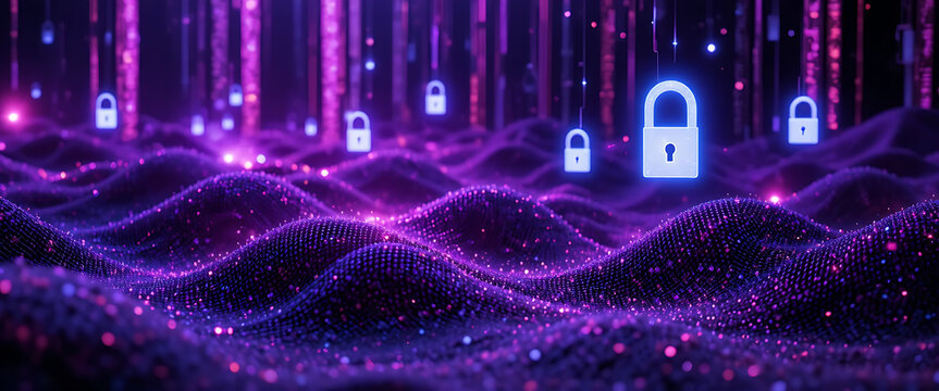 Futuristic firewalls visualization in deep purple and blue gradient hues, layered mesh wall metallic textures, floating encryption golden glowing keys, luminous digital symbols,