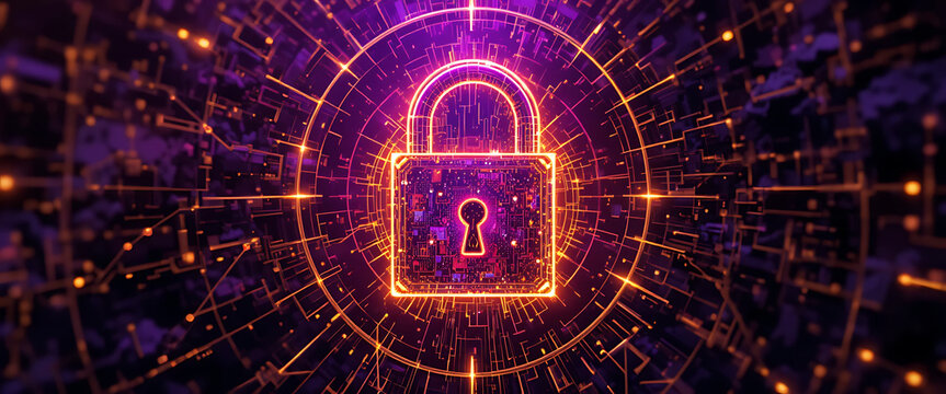 Abstract High-tech cybersecurity abstract in vibrant purple and gold tones, rotating digital golden metallic 4d neon pop up glass lock hologram, fractal data geometry, shimmering grids, softly glowing