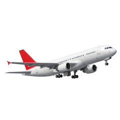 Obraz premium White passenger jet with red tail takes off against black background