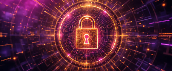 Abstract High-tech cybersecurity abstract in vibrant purple and gold tones, rotating digital golden metallic 4d neon pop up glass lock hologram, fractal data geometry, shimmering grids, softly glowing