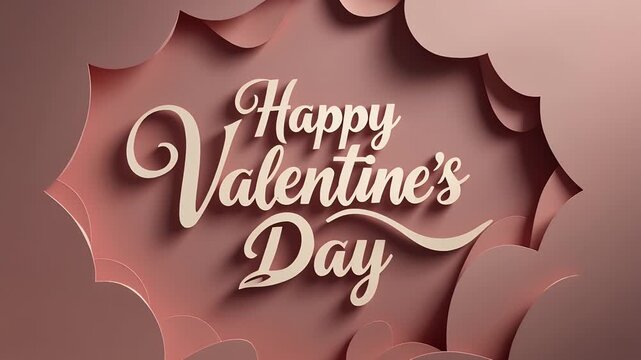 Elegant Happy Valentine's Day greeting card with 3D script lettering on a romantic pink paper-cut cloud background