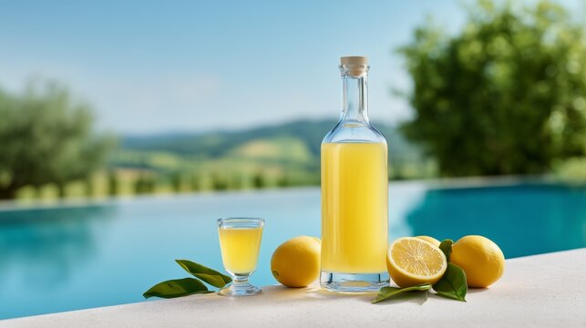 bright yellow limoncello bottle by poolside with fresh lemons under clear sky