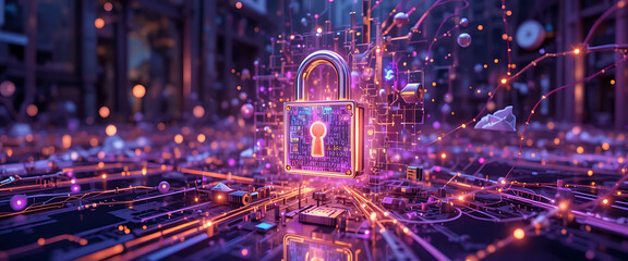 Purple gradient cyber defense background with luminous encrypted binary circuits, 3D floating lock, soft chrome reflections, secure network nodes connected by fiber-optic light trails, gold shining ne
