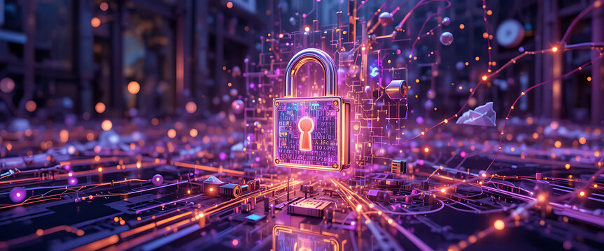 Purple gradient cyber defense background with luminous encrypted binary circuits, 3D floating lock, soft chrome reflections, secure network nodes connected by fiber-optic light trails, gold shining ne
