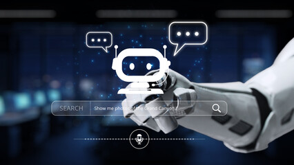 A robotic hand interacts with a chatbot icon, showcasing futuristic technology in communication, emphasizing digital connection and user engagement in modern spaces. Synapse