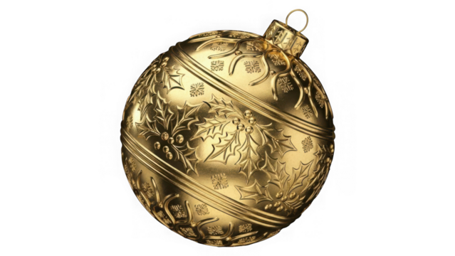 Golden christmas ornament with intricate festive patterns and a shiny metallic finish, isolated on transparent background