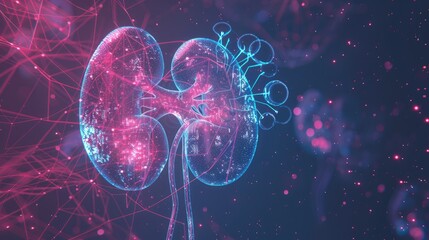 Visualization of glowing human kidneys with a complex network of luminous lines and structures. The construction of the anatomical organ of the human kidney.