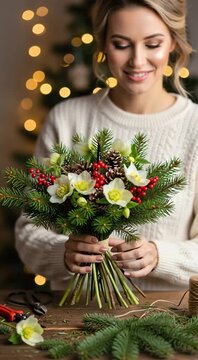 Woman creating festive Christmas floral bouquet with pine berry and winter blooms indoors