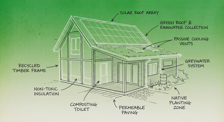 Schematic blueprint of an eco‑friendly house with handwritten notes and arrows on a green gradient background.