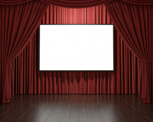 Elegant red velvet stage curtains framing a bright white screen for your presentation, perfect for showcasing your message with style and sophistication now