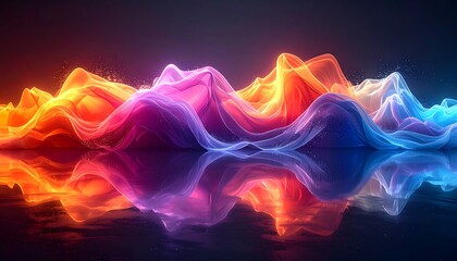 Colorful abstract waves of glowing energy float above a dark, reflective surface