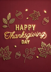 Elegant Thanksgiving Greeting Illustration – Glowing Golden Text with Autumn Leaves & Acorns on Deep Red Background 