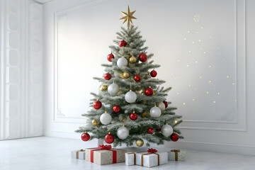 Elegant Christmas Tree Illustration Red, Gold & Silver Ornaments ,with Wrapped Gifts, in Modern White Room .