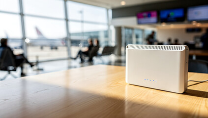 White router with blue LED lights positioned on wooden table in airport lounge, showcasing modern digital communication technology. Useful for themes around 5G and Wi-Fi innovation and connectivity.