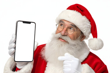 Santa Claus with Smartphone Illustration – Red Suit, White Gloves & Blank Screen on White Background