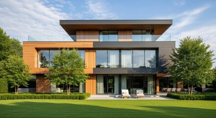 Obraz premium Modern luxury house with wood facade and large glass windows real estate