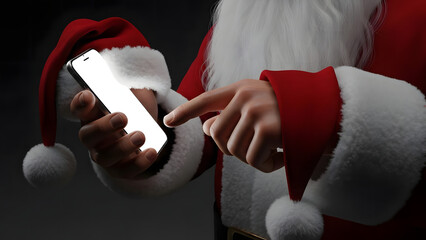 Santa Claus Using Smartphone Illustration – Red Suit, White Fur, Touchscreen Interaction on Holiday Theme 