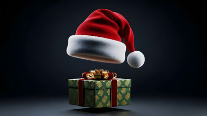 Christmas Gift & Santa Hat Illustration, Green Box with Gold Pattern, Red Ribbon & Floating Hat, on Dark Background. 