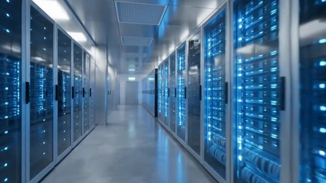 Rows of glowing server racks stand in a modern technology data center.