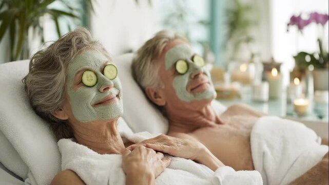 Senior couple enjoying spa procedures together relaxing. Elderly pair receiving facial treatment at salon. Mature retirees lying with cucumber eye masks.