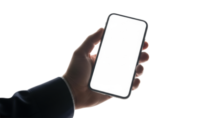 A clean, gender-neutral hand holds a sleek, modern smartphone horizontally, its blank bright white screen presented against a transparent studio background with copy space. Digital future concept