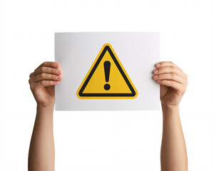 Holding attention grabbing yellow caution sign to highlight safety issues and alert viewers of potential risks, perfect for safety campaigns, urgent notices