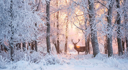 winter forest in the morning with deer