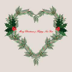 Merry Christmas & Happy New Year banner Christmas tree heart shaped, holly design element stock vector illustration