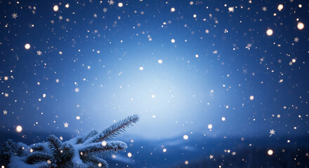 Snowflakes falling on a blue background with a snow-covered fir branch. Festive scene representing winter, celebration, and holiday season spirit