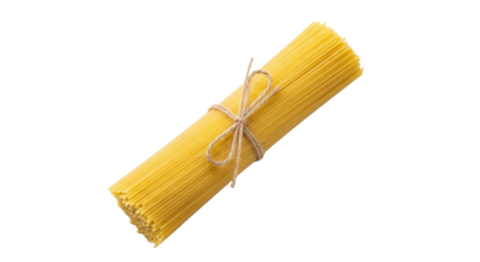Perfectly formed bundle of dry yellow durum wheat spaghetti pasta, tied with rustic brown twine, on an immaculate white background with soft studio lighting, concept of culinary ingredients
