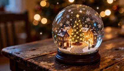 Magical glass snow globe with glowing Victorian village and Christmas tree macro shot with bokeh lights