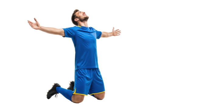 Young muscular male athlete in pristine royal blue uniform, kneeling, arms outstretched in pure jubilation with a soccer ball, against a transparent studio background. Concept of triumph - Powered by Adobe
