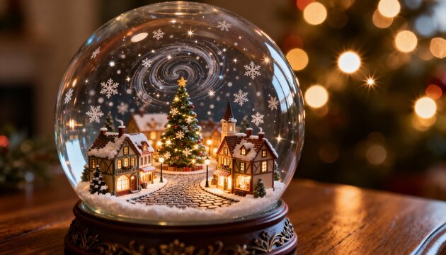 Magical glass snow globe with glowing Victorian village and Christmas tree macro shot with bokeh lights - Powered by Adobe