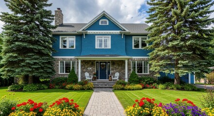 Beautiful blue suburban house with stone accents and vibrant garden