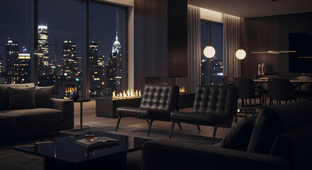 Elegant modern living room with stunning city views and cozy fireplace, perfect for upscale lifestyle and luxurious interior design inspiration