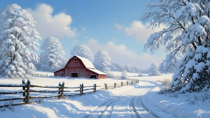 Obraz premium Winter barn scene with snow covered trees and fence