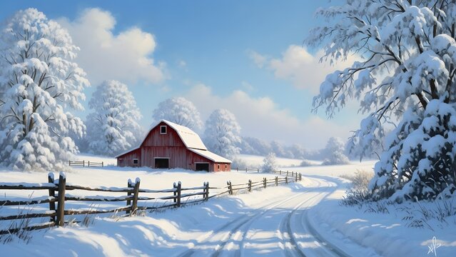 Winter barn scene with snow covered trees and fence