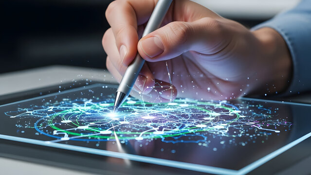 Hand drawing on tablet with digital pen close up