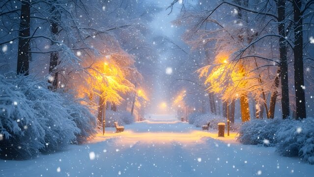 Snowy winter path with lights in a forest