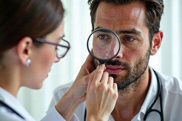 Female doctor uses magnifying glass to examine pigmented skin of male patient.