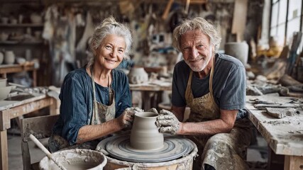 Senior couple creating pottery in ceramic workshop. Elderly pair molding clay on wheel together. Mature retirees learning pottery craft indoors happily.