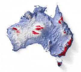 Three-dimensional topographic relief map of australia highlighting elevated mountain ranges and geographical features. global perspective. isolated on white background, illustration