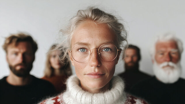 Portrait of a woman with other people on the background.